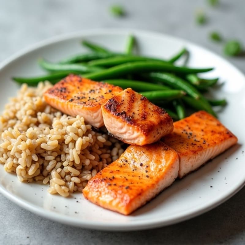 Seared Salmon Fillet with Steamed Green Beans and Brown Rice