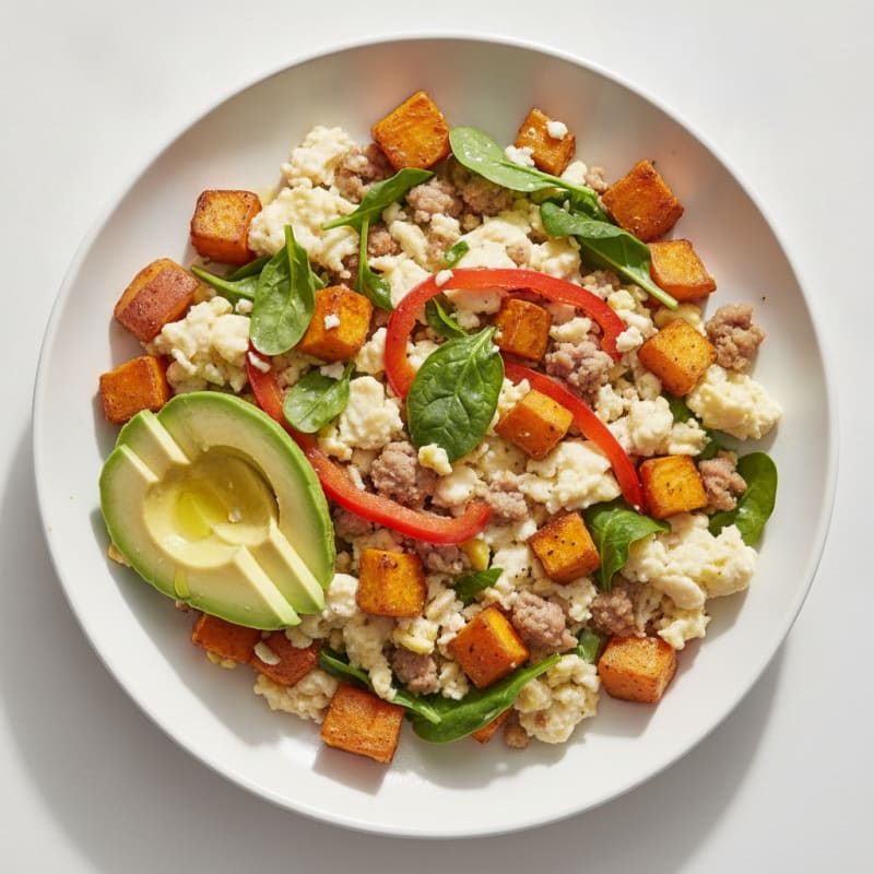 Egg White Scramble with Turkey Sausage and Roasted Sweet Potatoes