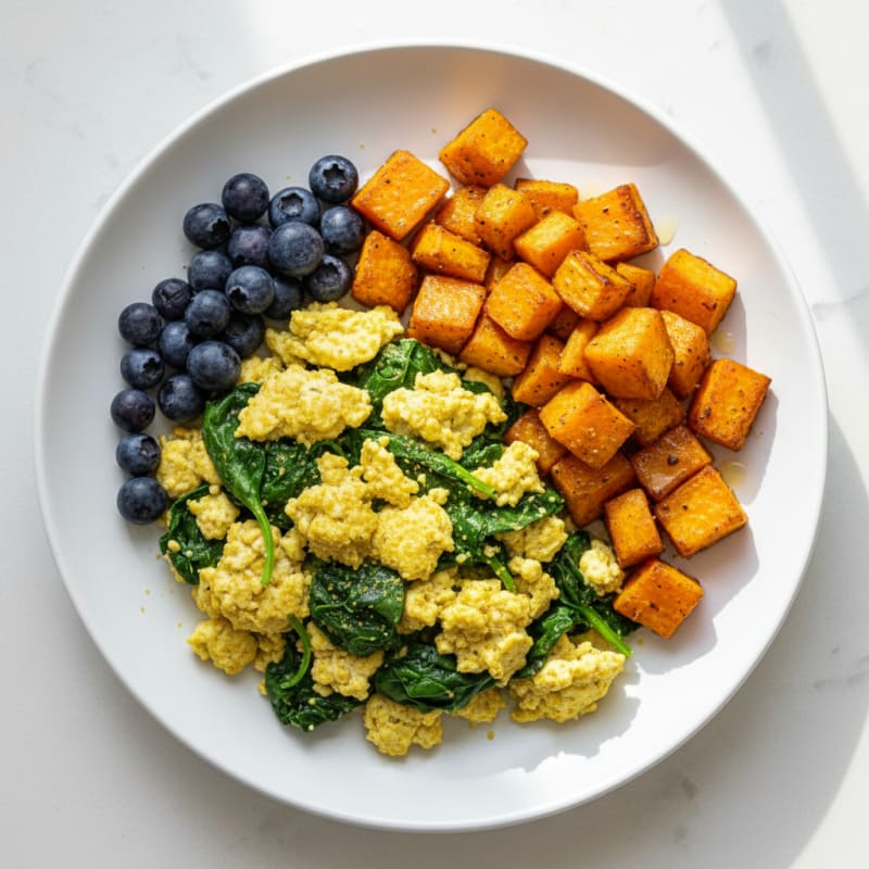 Silky Tofu and Spinach Scramble with Roasted Sweet Potato