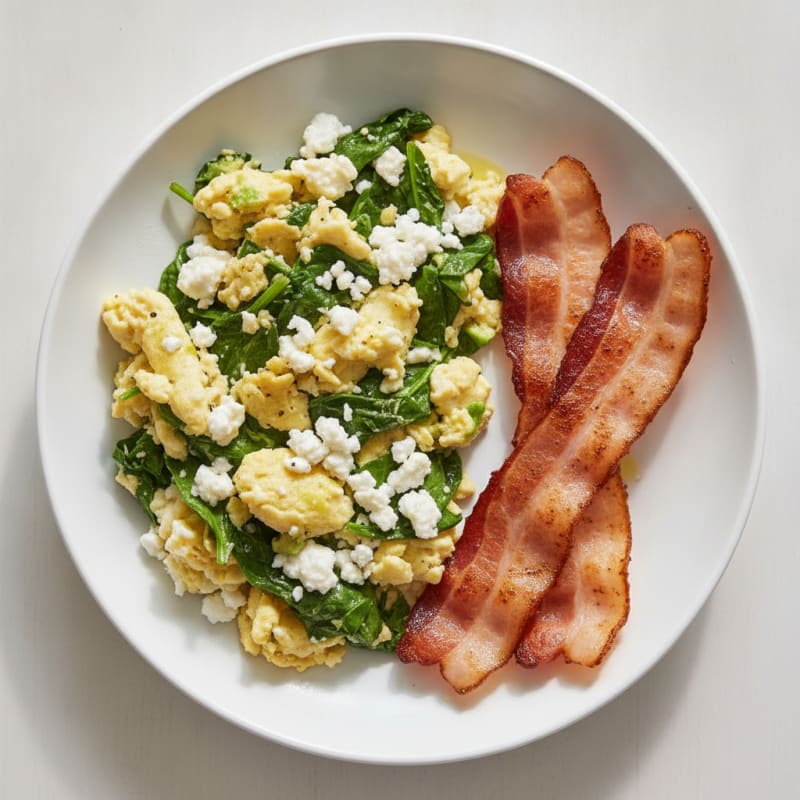 Egg White Spinach Scramble with Cottage Cheese and Turkey Bacon