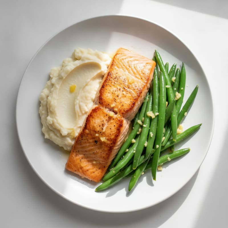 Seared Salmon with Garlic Green Beans and Cauliflower Mash