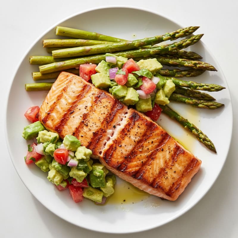Grilled Salmon with Creamy Avocado Salsa and Roasted Asparagus