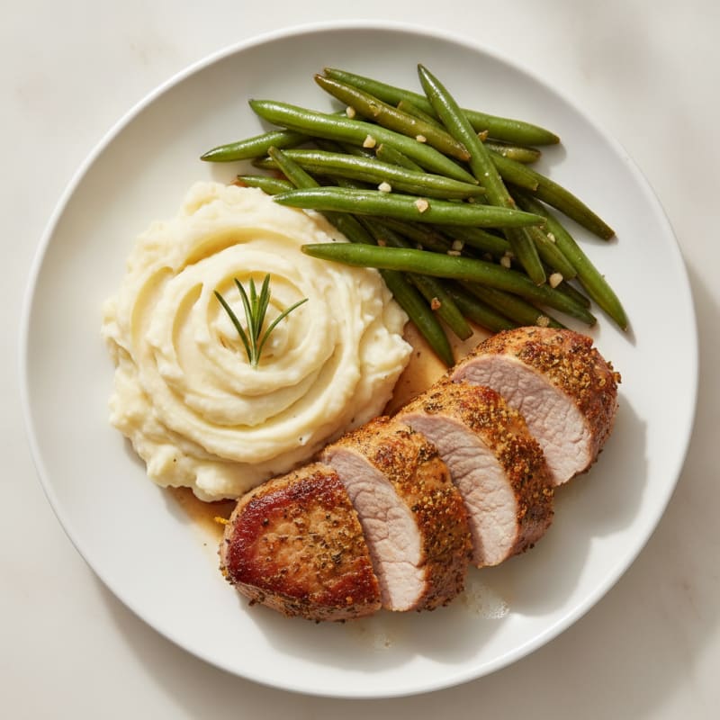 Herb-Roasted Pork Tenderloin with Garlic Green Beans and Mashed Potatoes