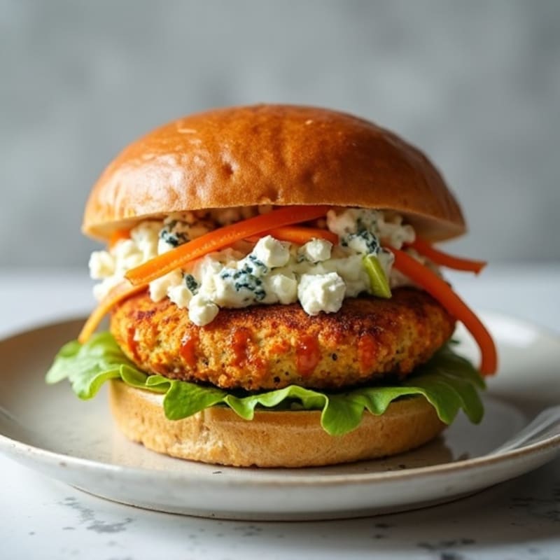 Crispy Baked Buffalo Chicken Burgers with Creamy Blue Cheese Slaw