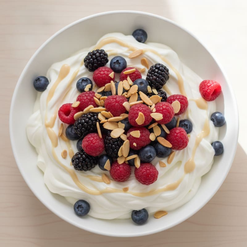 Silky Greek Yogurt Protein Bowl with Almonds and Mixed Berries