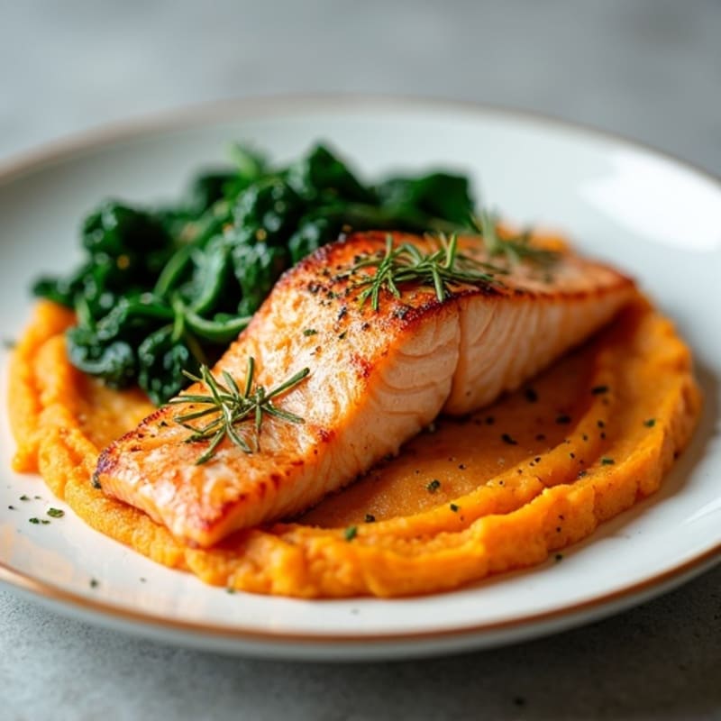 Seared Salmon with Garlic Spinach and Sweet Potato Mash