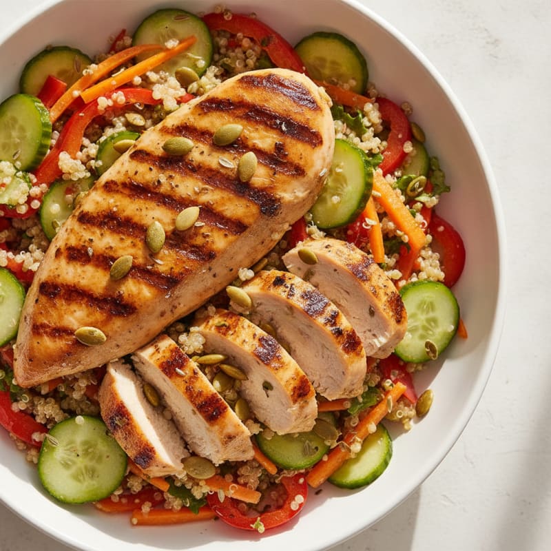 Grilled Chicken Breast Salad with Quinoa and Crunchy Vegetables