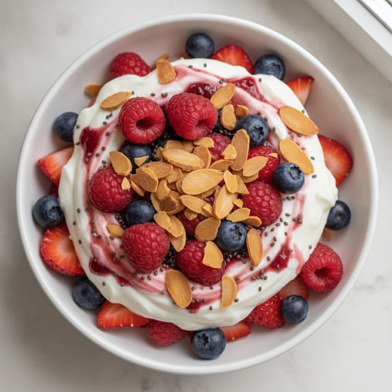 Greek Yogurt Protein Parfait with Mixed Berries and Almonds