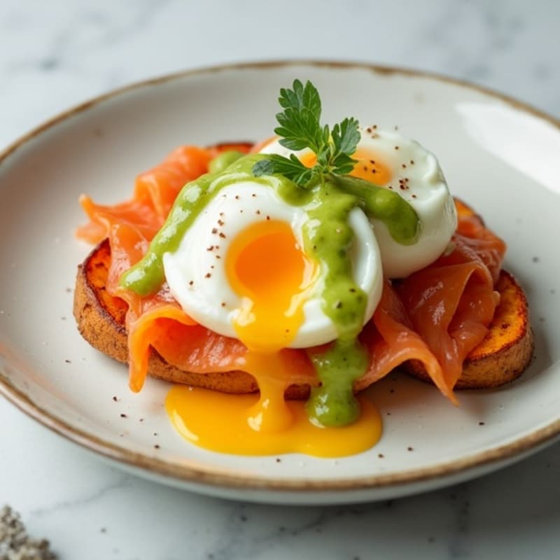 Poached Eggs with Crispy Sweet Potato Rounds, Smoked Salmon, and Creamy Avocado Sauce