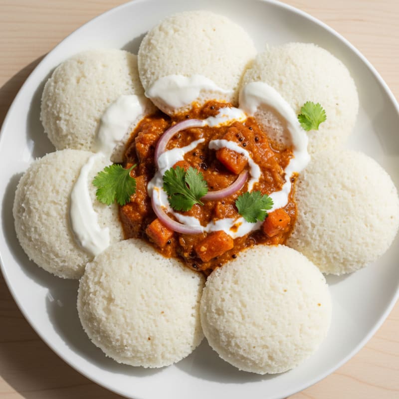 Fluffy Steamed Idli with Zesty Sambar