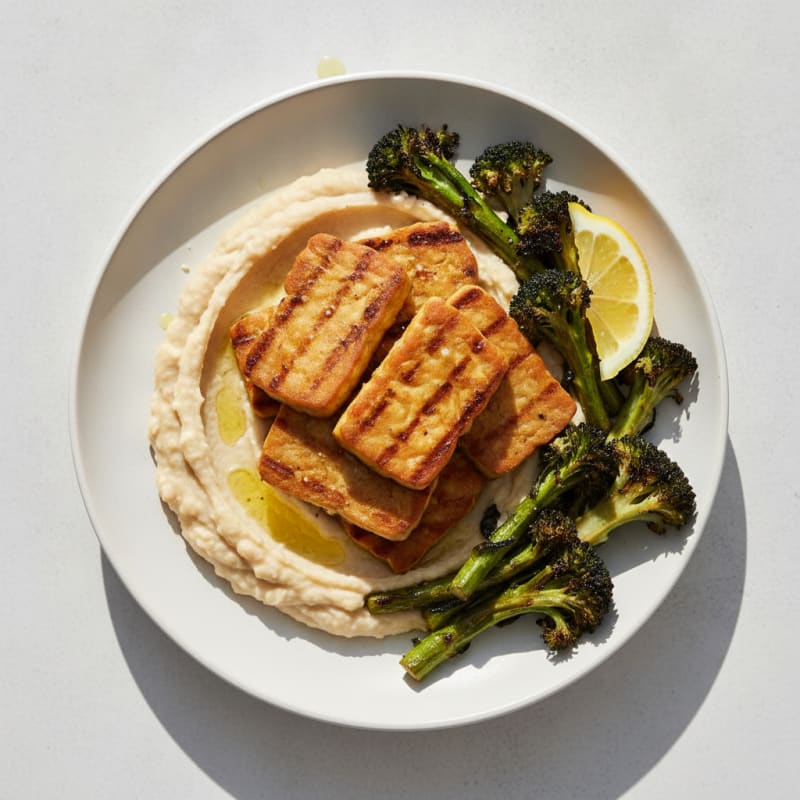 Grilled Tempeh with Creamy White Bean Mash and Roasted Broccoli
