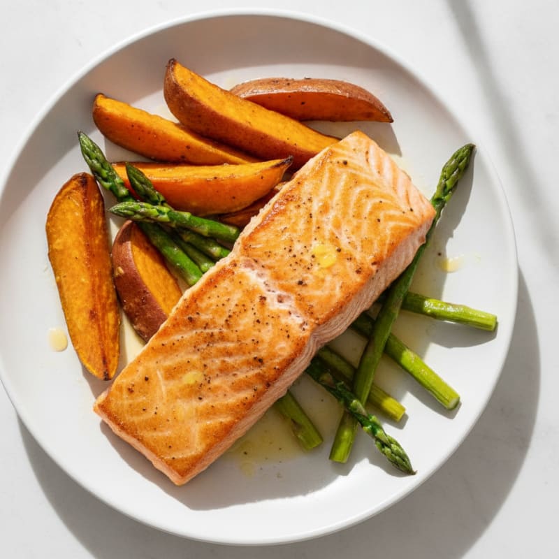 Seared Salmon Fillet with Roasted Sweet Potatoes and Asparagus
