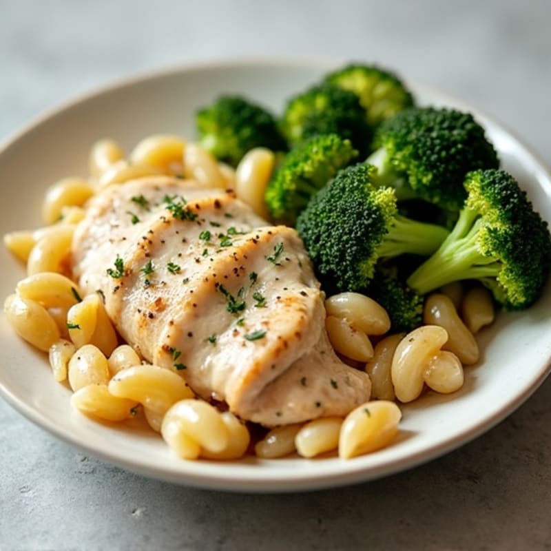 Creamy Garlic Chicken with Whole Wheat Pasta and Roasted Broccoli