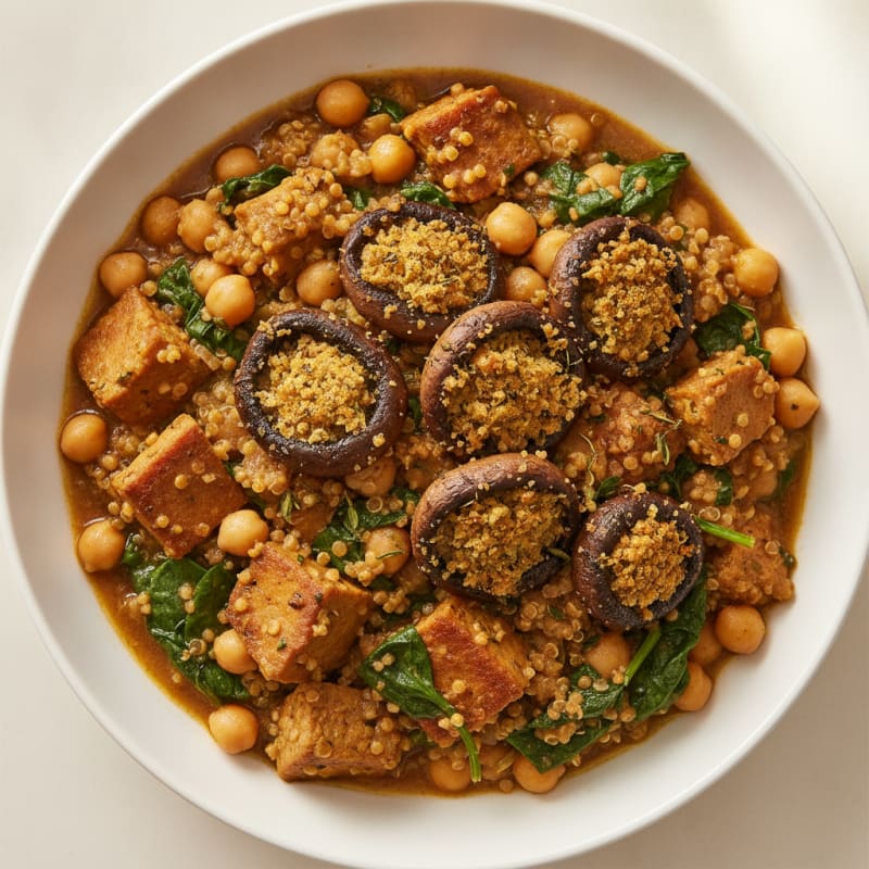Silky Chickpea and Quinoa Stew with Spinach and Herb-Roasted Mushrooms