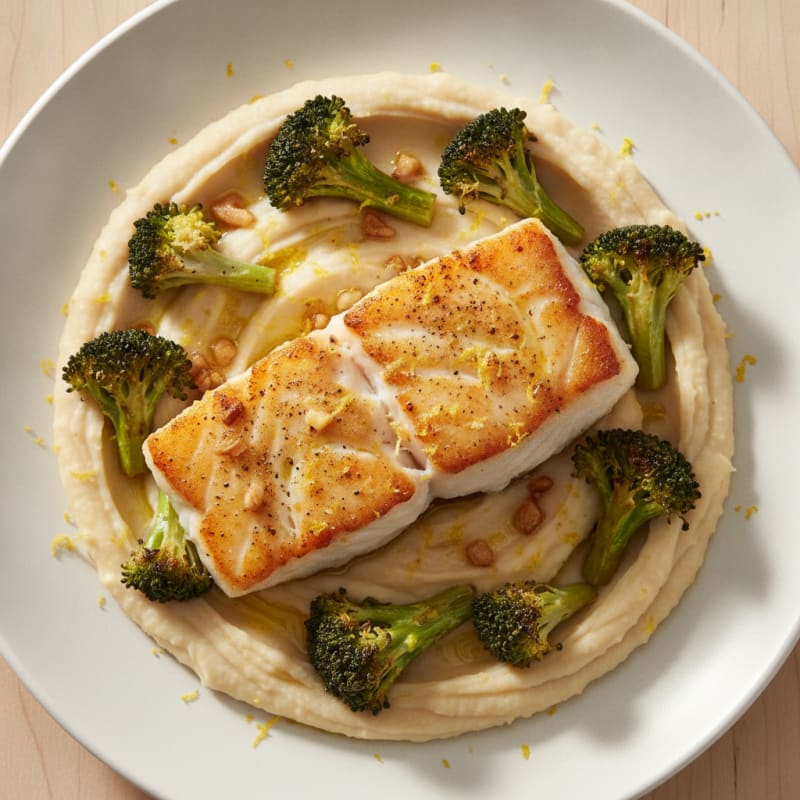 Pan-Seared Cod with Roasted Broccoli and Creamy White Bean Mash