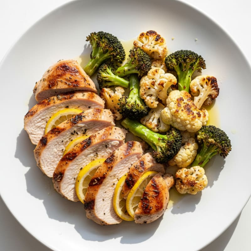 Grilled Turkey Breast with Roasted Broccoli and Cauliflower