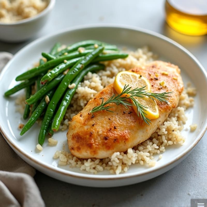Lemon Garlic Roasted Chicken with Fluffy Brown Rice and Roasted Green Beans