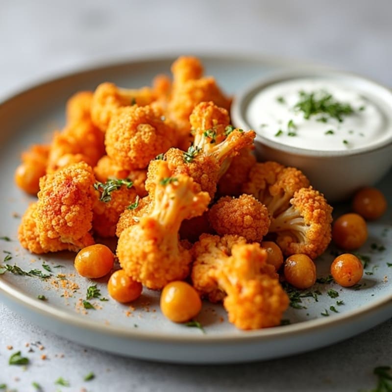 Crispy Buffalo Roasted Cauliflower with Creamy Greek Yogurt Ranch