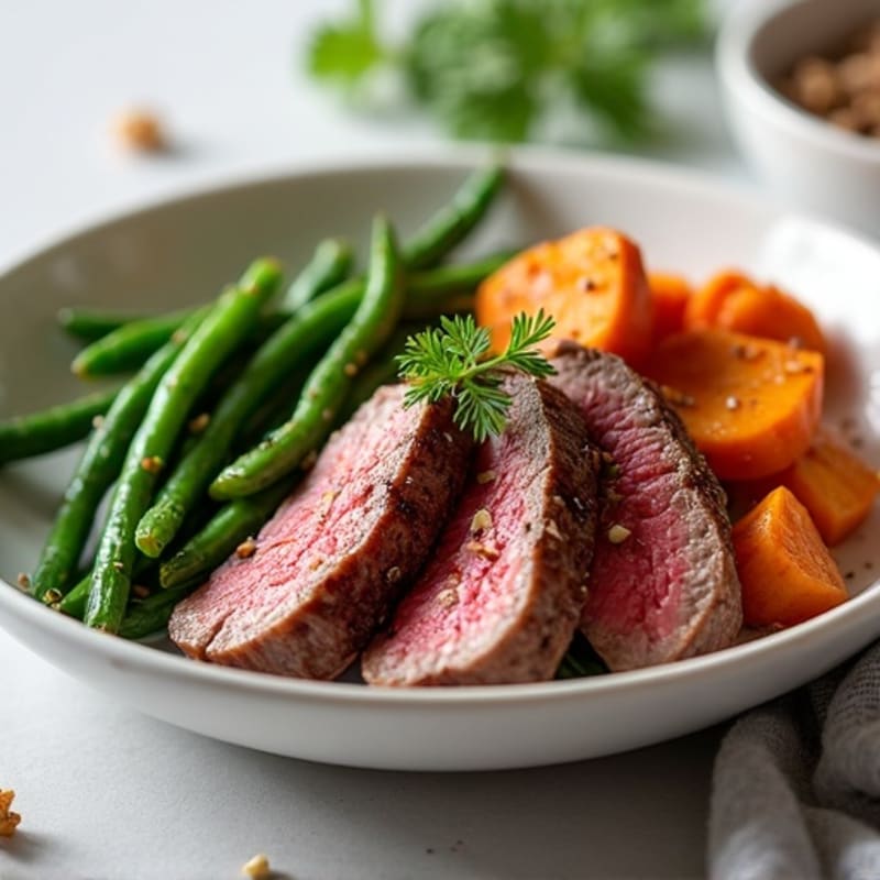 Seared Beef Strips with Roasted Sweet Potato and Green Beans
