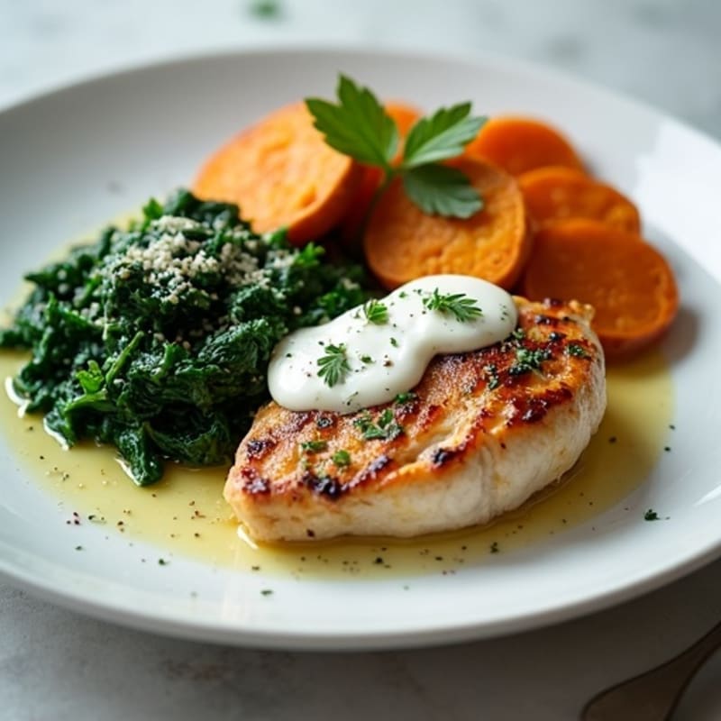 Seared Chicken with Garlic Sautéed Greens and Herb Yogurt Sauce