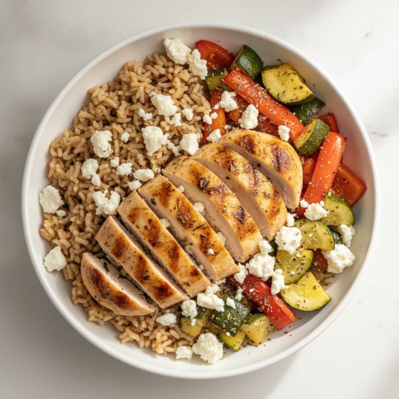Grilled Chicken and Brown Rice Bowl with Roasted Vegetables and Feta