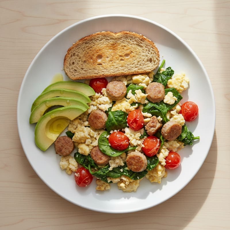 Egg White and Turkey Sausage Scramble with Spinach and Cherry Tomatoes