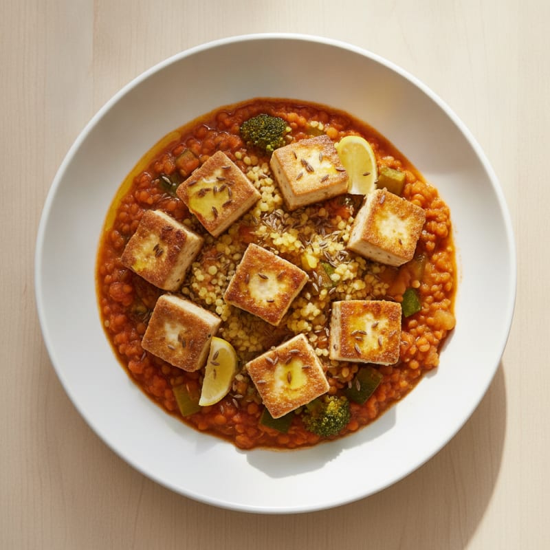 Crispy Tofu and Red Lentil Stew with Zucchini and Millet