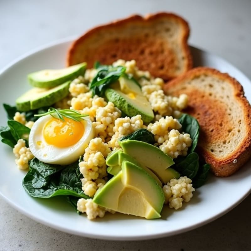 Egg White and Spinach Scramble with Cottage Cheese, Sliced Turkey, Avocado & Toast