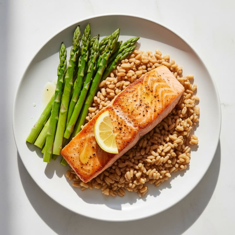 Seared Salmon with Steamed Asparagus and Brown Rice