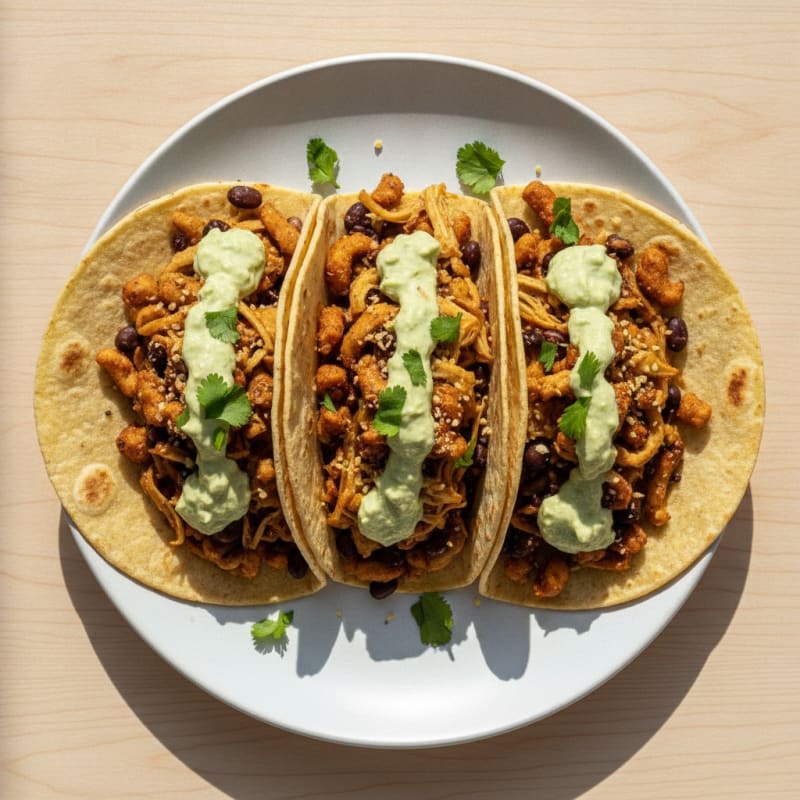 Jackfruit and Soy Curl Tacos with Hemp-Avocado Crema