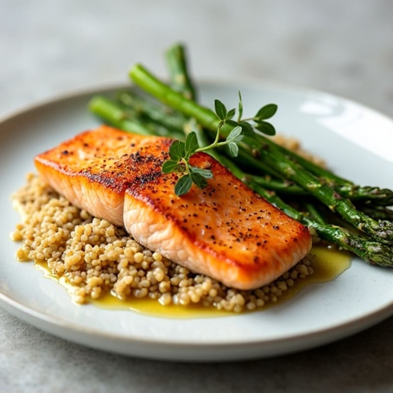 Seared Salmon Fillet with Quinoa and Roasted Asparagus