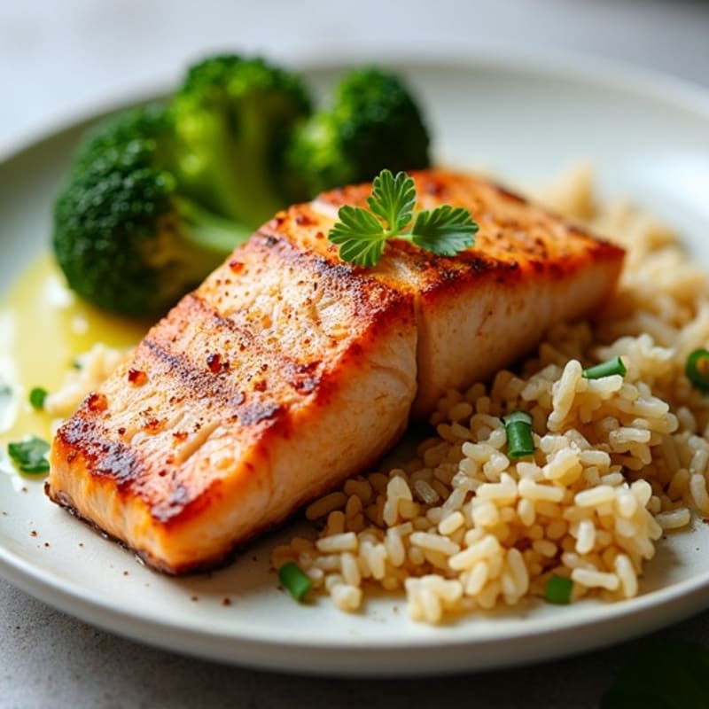 Seared Salmon with Steamed Broccoli and Garlic Brown Rice