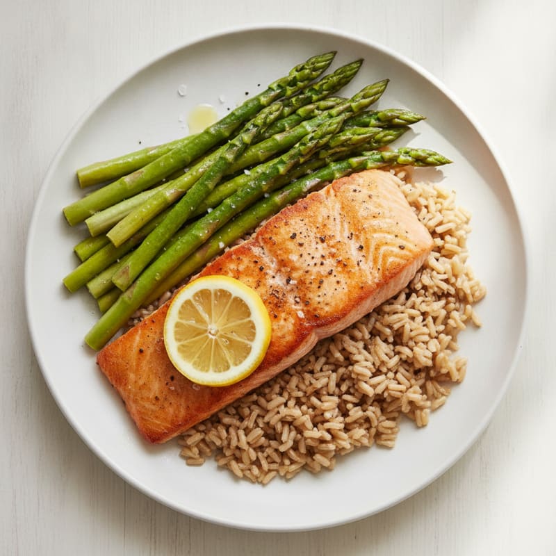 Seared Salmon with Steamed Asparagus and Brown Rice