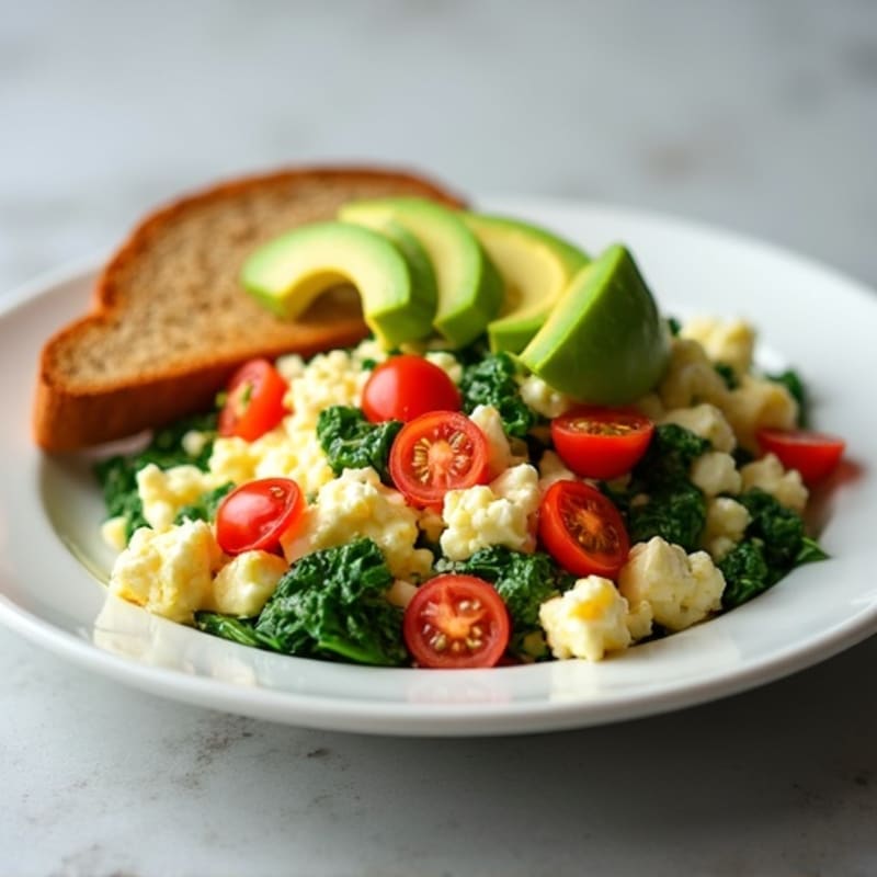 Egg White and Spinach Scramble with Cottage Cheese and Cherry Tomatoes