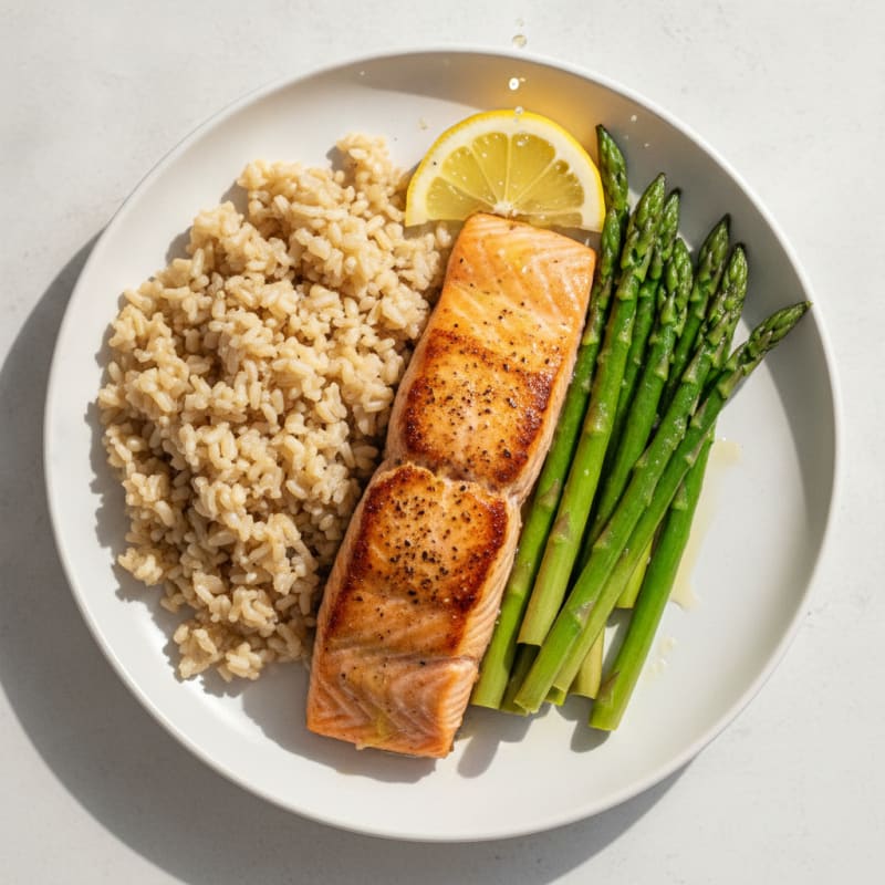 Seared Salmon Filet with Steamed Asparagus and Brown Rice