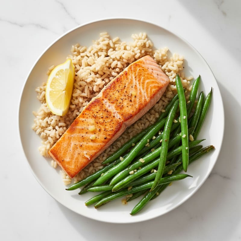 Seared Salmon with Garlic Green Beans and Brown Rice