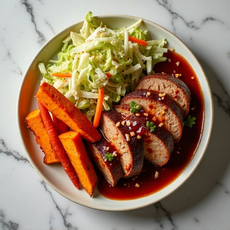 Tender BBQ Pulled Pork with Roasted Sweet Potato and Crunchy Slaw
