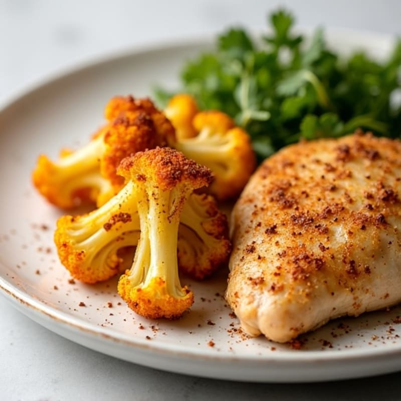 Crispy Spiced Roasted Cauliflower with Lemon-Garlic Chicken