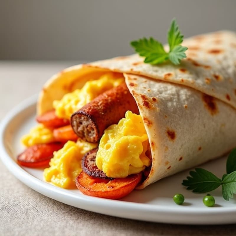 Crispy Roasted Sweet Potato and Scrambled Egg Burrito with Lean Turkey Sausage