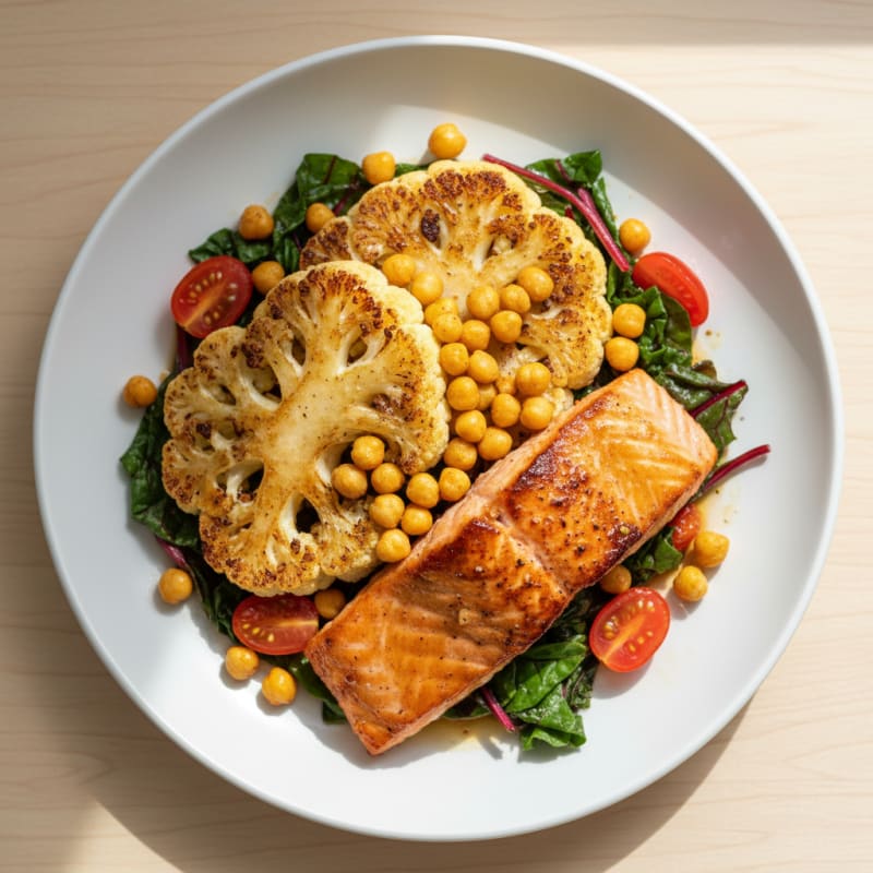 Seared Cauliflower Steaks with Tomato-Chard Sauté and Roasted Chickpeas