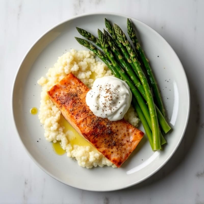 Seared Salmon Fillet with Steamed Asparagus and Cauliflower Mash
