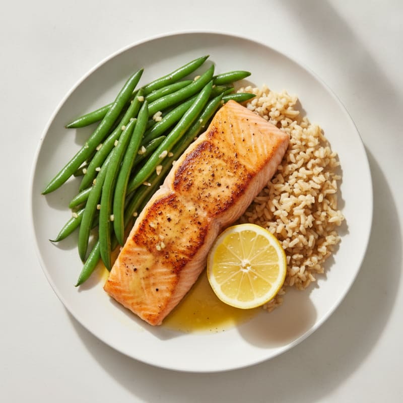 Seared Salmon Fillet with Garlic Green Beans and Brown Rice