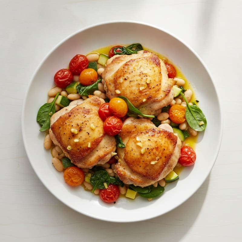 Seared Chicken Thighs with White Bean and Vegetable Medley
