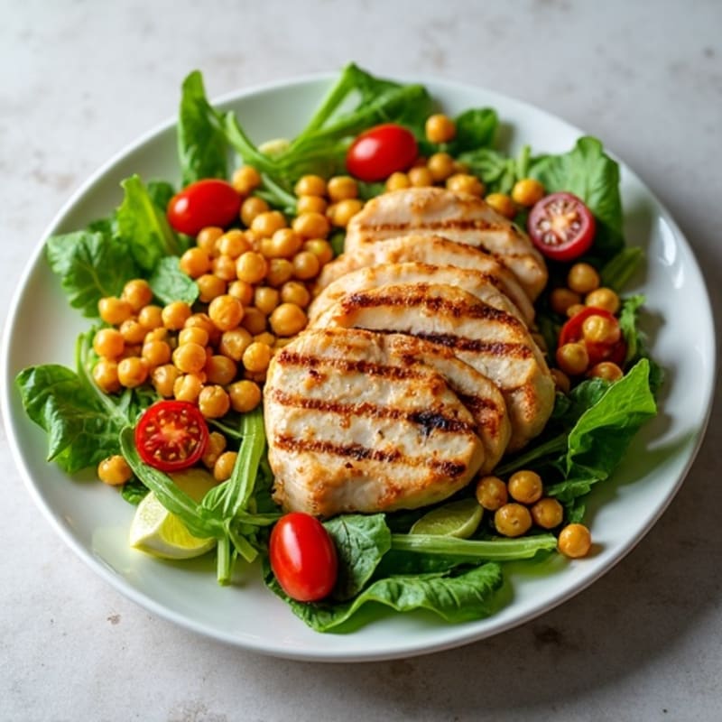 Grilled Chicken Breast Salad with Roasted Chickpeas and Mixed Greens