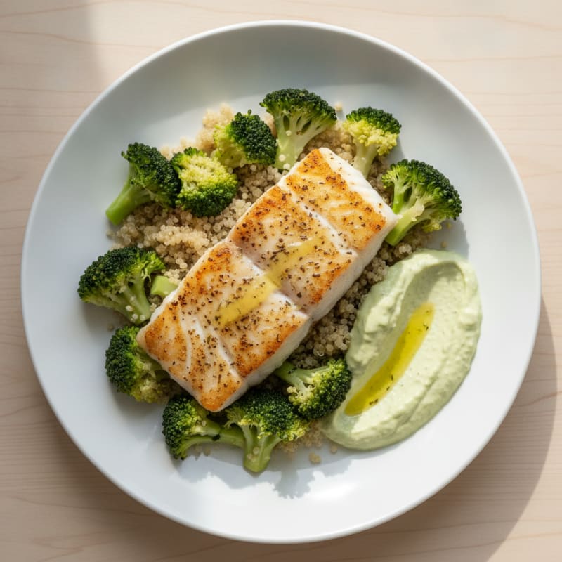 Seared Fish Fillet with Steamed Broccoli and Quinoa