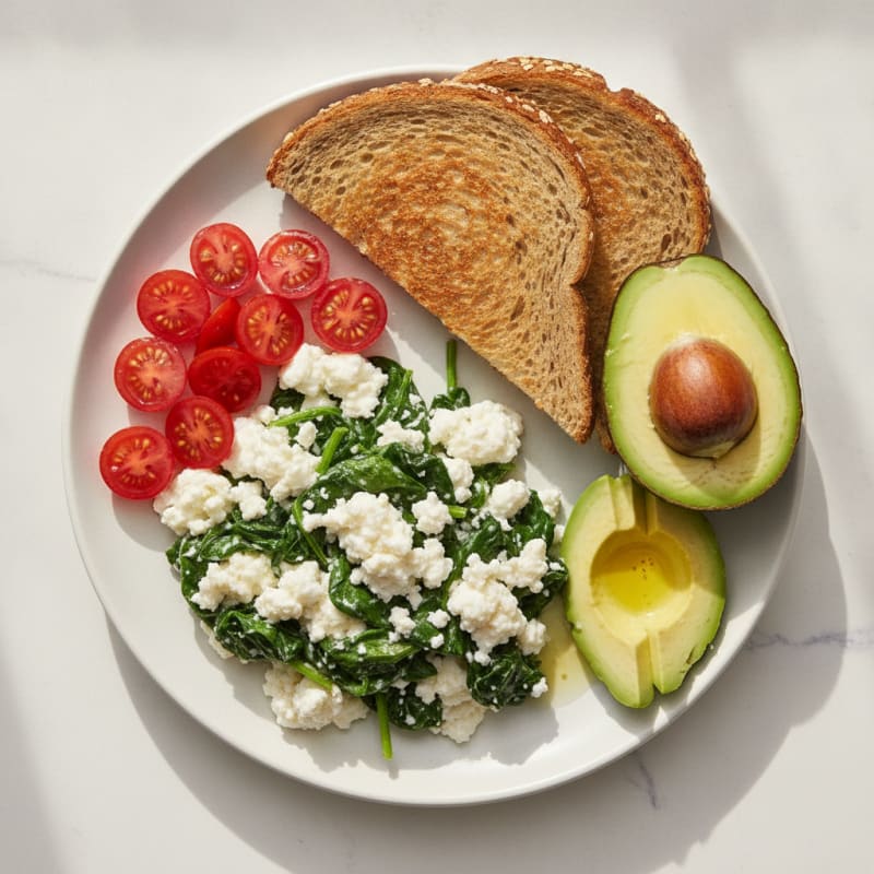 Cottage Cheese Egg White Scramble with Sautéed Spinach and Cherry Tomatoes