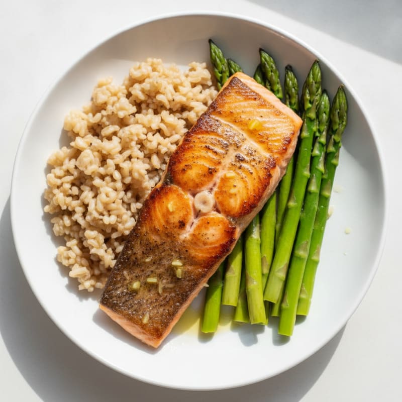 Seared Salmon with Steamed Asparagus and Brown Rice