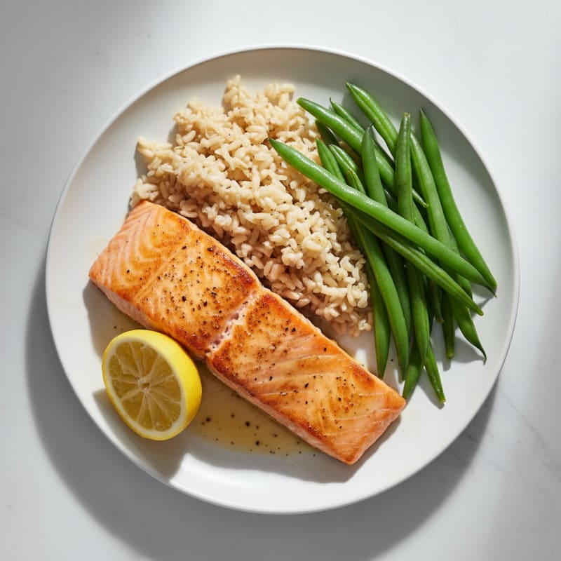Seared Salmon with Steamed Green Beans and Brown Rice
