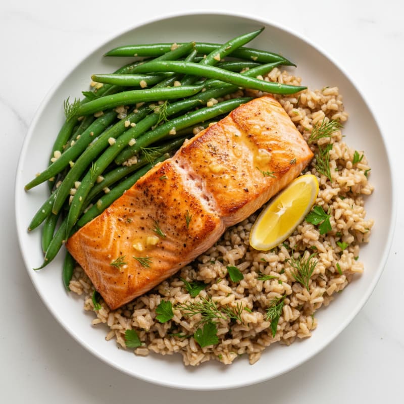 Seared Salmon with Garlic Green Beans and Herbed Brown Rice