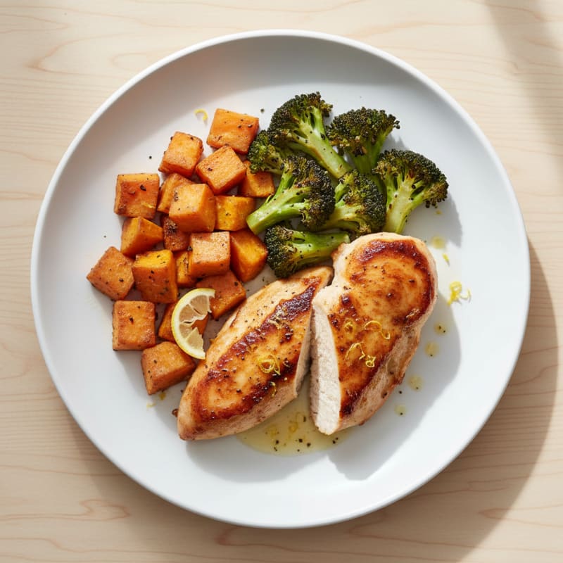 Seared Chicken Breast with Roasted Sweet Potatoes and Broccoli